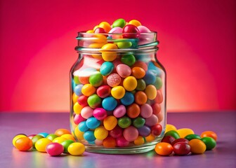 Colorful Candy in Glass Jar on Pink Background - Sweet Treats Stock Photo
