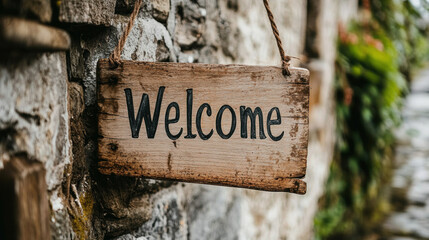 Bed and breakfast, A rustic wooden welcome sign hanging on a stone wall, surrounded by greenery, creating an inviting atmosphere.