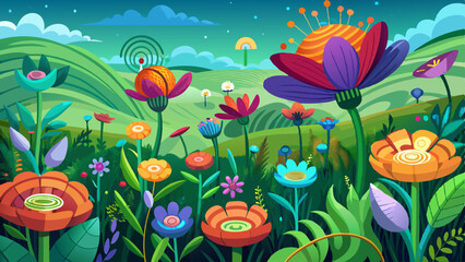 A group of colorful flowers scattered across a lush green grassy field, A conceptual artwork of plants communicating through bio-signals