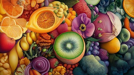 A Colorful Arrangement of Fruits, Vegetables, and Flowers