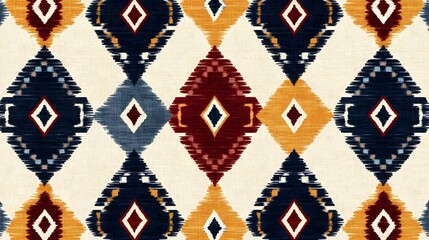 Fototapeta premium Vibrant Handwoven Textile-Inspired Seamless Pattern with Diamonds and Stripes