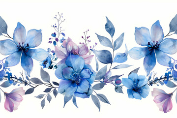 Elegant Watercolor Floral Arrangement with Blue and Purple Blossoms on White Background