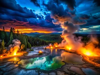 Yellowstone National Park Geothermal Landscape: Cloudy Sky, Hot Springs, Forest