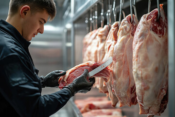 Man in black apron and black gloves cuts raw meat in a refrigerated meat factory. Worker prepares and inspects meat cuts. Meat hanging on hooks in the storage. Food production in a meat factory.