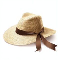 A straw hat with a brown ribbon, minimalist and elegant, soft natural tones, vector art, isolated on white background