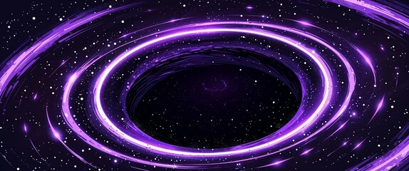 Obraz premium Dark hole surrounded by bright violet rings of light scattering particles in deep space illustration background design