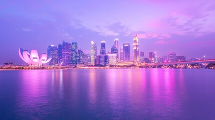 Obraz premium Vibrant Urban Nightscape: Waterfront Skyline with Colorful Architectural Spires Illuminated in Cinematic Hues