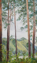 Altay pine trees, oil painting