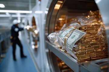 Obraz premium A striking image of securely stored cash alongside gold items, reflecting the grandeur and importance of wealth management in a high-security environment.
