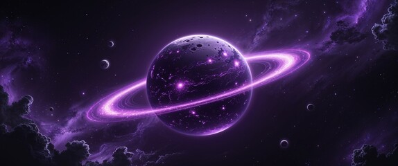 Fototapeta premium Dark purple planet with glowing craters and surrounded by deep black space faint nebula light illustration background design