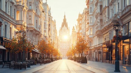 Fototapeta premium A picturesque city street bathed in golden sunlight, showcasing beautiful architecture and vibrant autumn trees lining the road, inviting leisurely walks.
