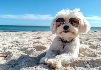 Relaxed Dog Wearing Sunglasses on a Sandy Beach with Clear Blue Sky and Ocean Waves in the Background: Perfect Summer Vibes and Pet Fun