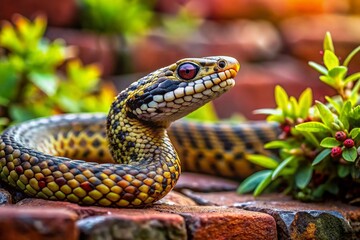 Fototapeta premium Young Meadow Viper Ready to Strike: Urban Decay Setting