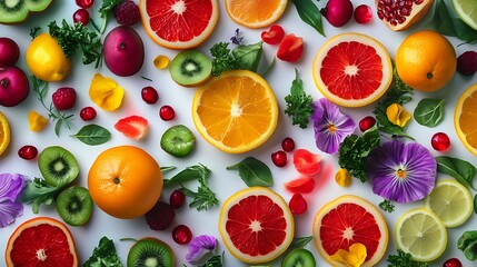 A Vibrant Collage of Citrus Fruits, Kiwi, Flowers, and Berries