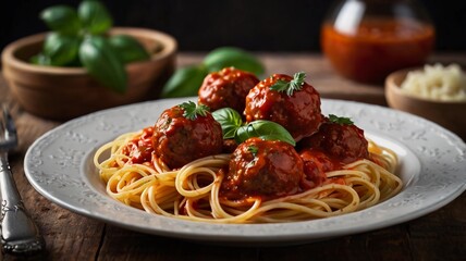 Spaghetti pasta with meatballs and tomato sauce, selective focus