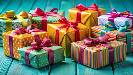Colorful Gift Boxes on Teal Background - Festive Holiday Presents
