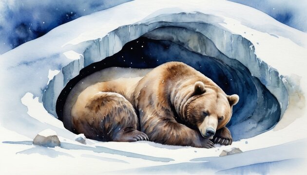 Watercolor illustration captures a bear peacefully hibernating in a cozy snowy cave, perfectly showcasing the tranquil serenity of nature during the winter seaso
