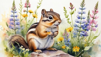 Obraz premium Watercolor illustration shows a chipmunk among colorful wildflowers, gathering food and preparing for winter hibernation. The illustration showcases the tranquility of late autumn in a natural setting
