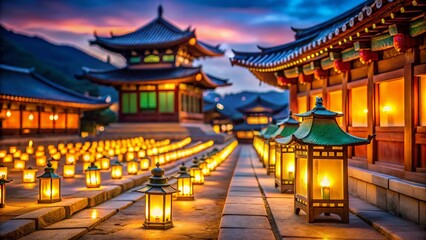 Fototapeta premium Colorful Lanterns Illuminate South Korean Buddhist Temple at Night - Stock Photo