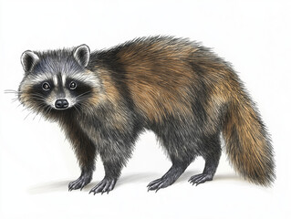 Obraz premium Raccoon Dog (Nyctereutes procyonoides) - A hand-drawn depiction of a Raccoon Dog, featuring its dark mask-like markings, fluffy fur, and short legs, isolated on white