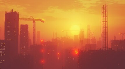 Fototapeta premium Towering Crane Silhouettes in Glowing Industrial Zone Against Golden City Horizon - Cinematic Ultra-Detailed Image