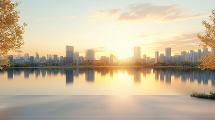 Fototapeta premium A serene sunset view over a city skyline, reflecting beautifully on a calm body of water, surrounded by trees, perfect for nature and city lovers.