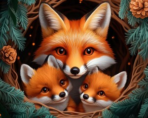 Obraz premium Experience the gentleness and nurturing of a mother fox in this calming scene, as she tends to her adorable cubs within the cozy den Bathed in soft, warm light, this heart-warming image captures the