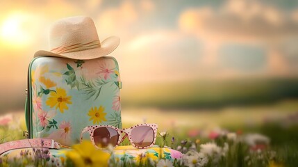 Naklejka premium A picturesque summer travel moment captured with a vibrant suitcase stylish hat and classic sunglasses all bathed in warm inviting sunlight and set against a serene natural backdrop