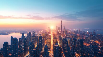 Fototapeta premium A stunning aerial view of a bustling city skyline at sunset, with skyscrapers illuminating the horizon and reflecting vibrant colors on the water.