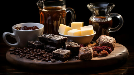 Obraz premium Coffee, Brownies, Butter, and Dried Fruits Arranged Beautifully on a Wooden Board