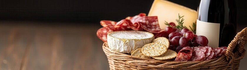 A beautifully arranged gourmet gift basket filled with artisan cheeses