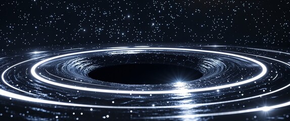 Glistening black hole surrounded by pulsating white light rings empty dark space illustration background design
