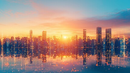 Fototapeta premium A stunning city skyline at sunset, featuring high-rise buildings reflecting in water, creating a serene and beautiful urban landscape.
