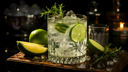 Refreshing Crystal Glass Filled with Ice, Lime, and Rosemary on a Wooden Board.