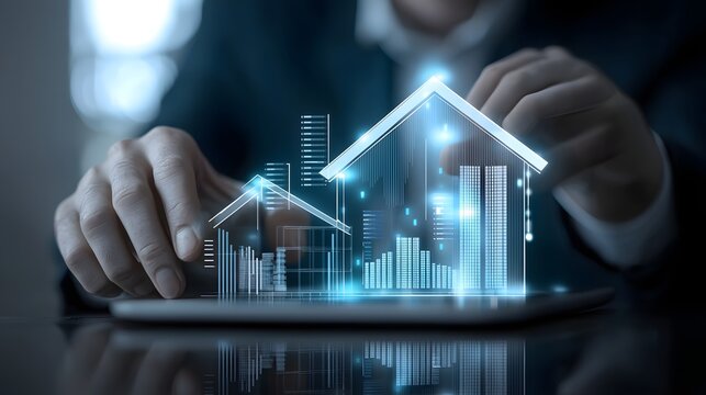 Businessman Utilizing Cutting Edge Online Commercial Real Estate Marketplace Platform with Sleek and Intuitive User Interface Displaying Detailed Data and Profitable Investment Opportunities for