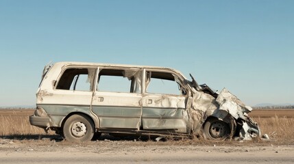 Damaged minivan on roadside, accident scene.