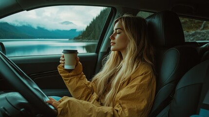 Naklejka premium A young woman reclining in the passenger seat of a car, sipping coffee and enjoying a serene lakeside view