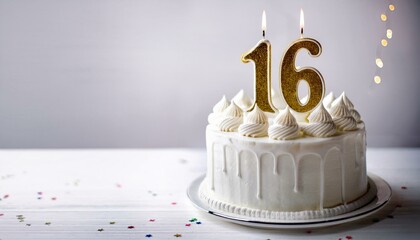 Decorated white cake for birthday or anniversary party, candle number 16, white background
