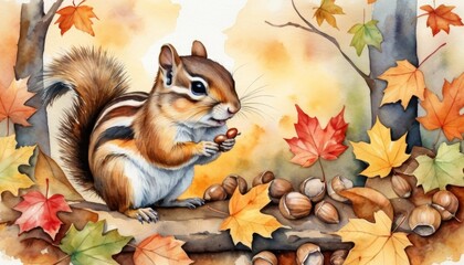 Fototapeta premium Colorful watercolor illustration depicts a chipmunk enjoying acorns while preparing for hibernation during autumn in a vibrant forest filled with falling leaves