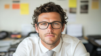 Obraz premium focused businessman with curly hair and glasses, dressed in white shirt and tie, sits at desk in modern office environment, exuding professionalism and determination