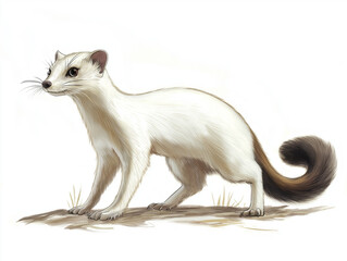 White Stoat (Mustela erminea) with a brown tail. It has a black nose. It is standing on the ground