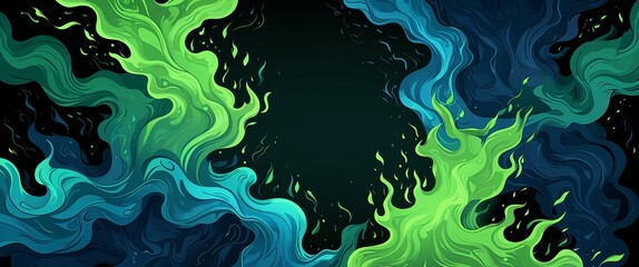 Green and blue flickering flames with dark smoke trails in the center illustration background design