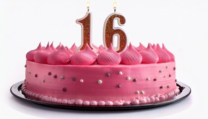 Decorated pink cake for birthday or anniversary party, candle number 16, white background