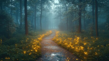 Obraz premium Enchanted Forest Path with Glowing Flowers and Mystical Fog Amidst Tall Trees