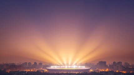 Illuminated Cityscape: Vibrant Floodlit Stadium Piercing Through Hazy Evening Sky - Cinematic Urban Scene with Ultra-Detailed Architecture