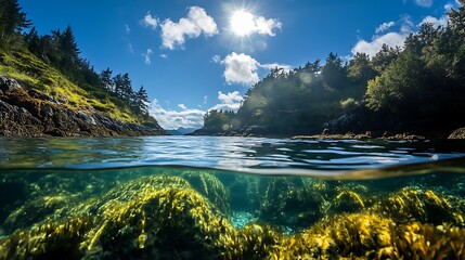 A beautiful coastal ecosystem with thriving marine life and clear water