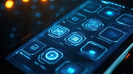 Close-up of a smartphone screen displaying a blockchain wallet interface with glowing icons