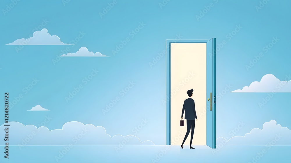 Poster silhouette of a determined individual stepping through an open door representing the concept of succ