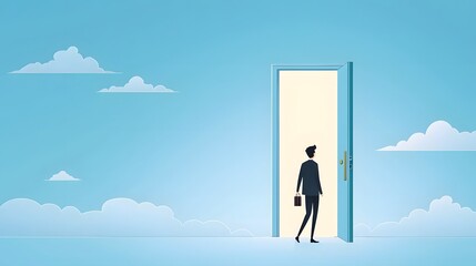 Obraz premium Silhouette of a determined individual stepping through an open door representing the concept of success career growth and new opportunities on the path ahead The image evokes a sense of ambition