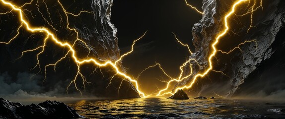 Jagged golden lightning cutting through the black void soft glowing yellow aftershock illustration background design